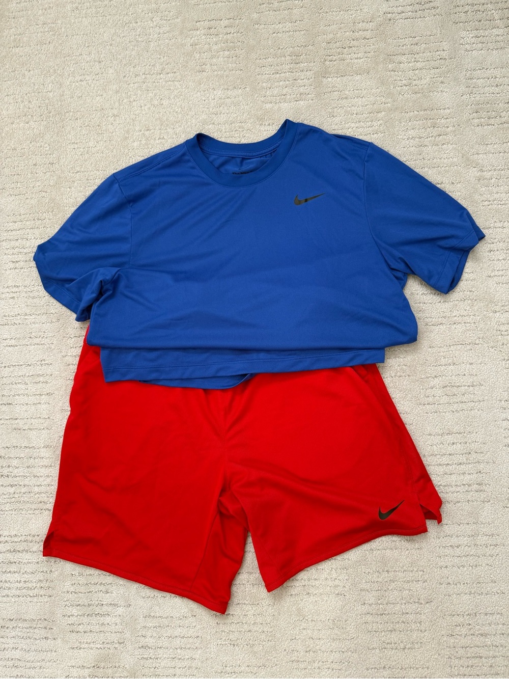 Nike Blue Performance Tee & Red Athletic Shorts set